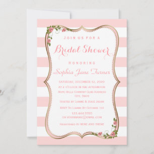 Invitation Chic Blush Stripes Gold Floral Fête des mariées