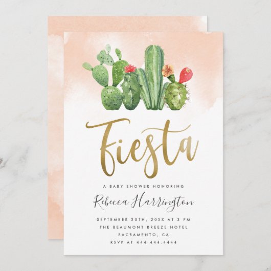 Invitation Chic Blush Watercolor & Cactus Fiesta Baby shower (Devant / Derrière)