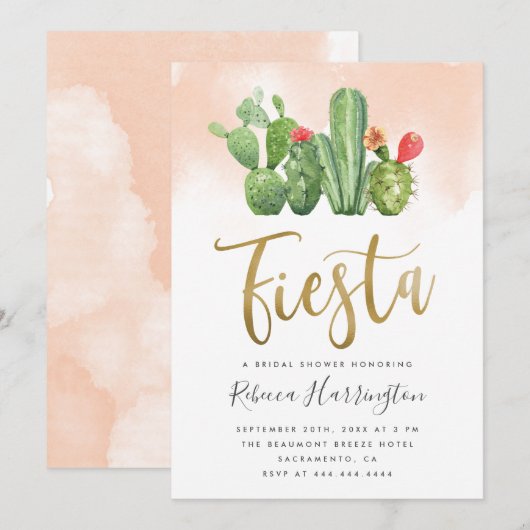 Invitation Chic Blush Watercolor Cactus Fiesta Fête des marié (Devant / Derrière)