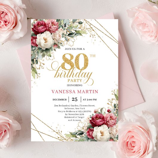 Invitation Chic Blush White Greenery 80th Birthday Invite