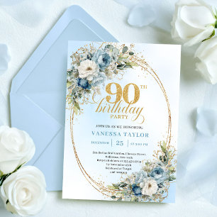 Invitation Chic Bohème Fleurs Bleues pour 90e Anniversaire