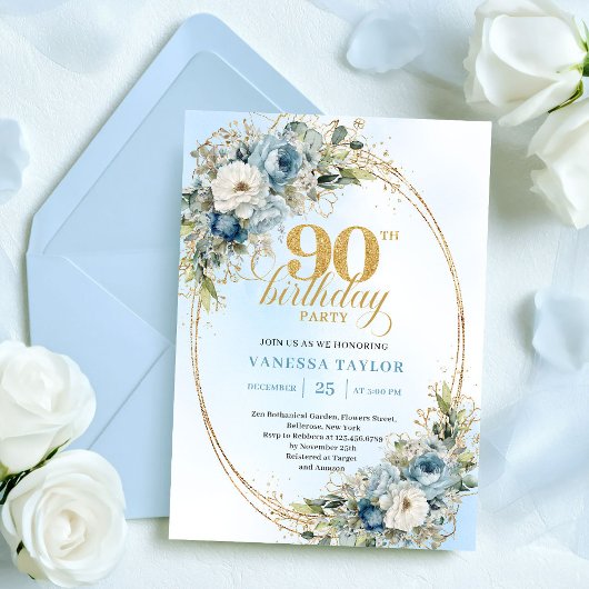 Invitation Chic Bohemian Blue Floral Greenery 90th Birthday