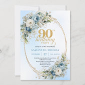 Invitation Chic Bohemian Blue Floral Greenery 90th Birthday (Devant)