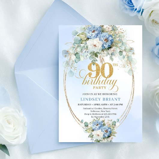 Invitation Chic Bohemian Blue Flowers 90th Birthday Invite