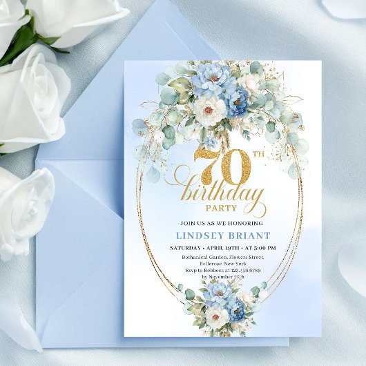 Invitation Chic Bohemian Pastel Blue Peonies 70th Birthday 