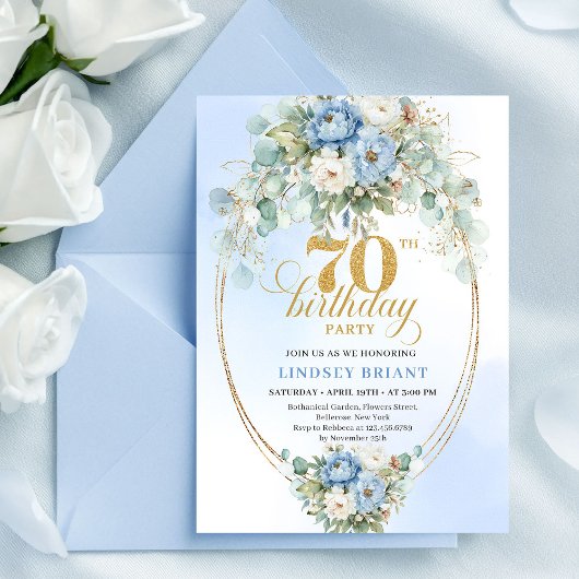 Invitation Chic Bohemian Pastel Blue Peonies 70th Birthday