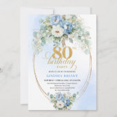 Invitation Chic Boho Bleu Clair Floral Or 80e Anniversaire (Devant)
