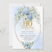 Invitation Chic Boho Bleu Hydrangea Floral Or 90e Anniversair (Devant)