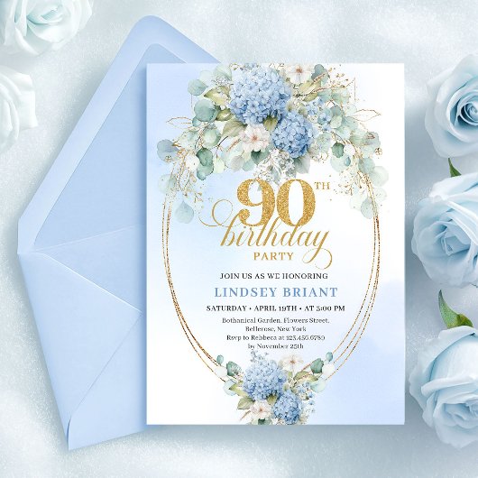 Invitation Chic Boho Bleu Hydrangea Floral Or 90e Anniversair