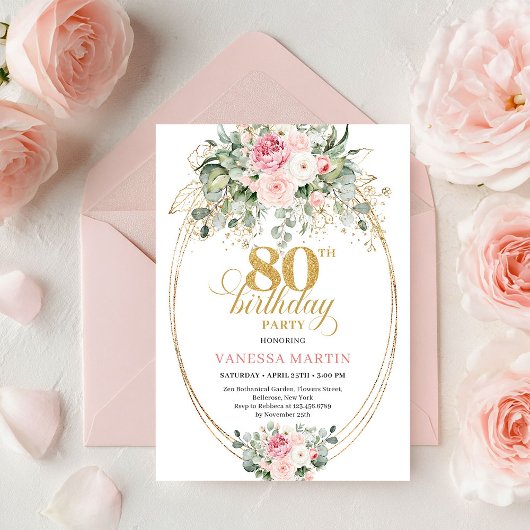 Invitation Chic Boho Blush Floral Minimal 80e Anniversaire