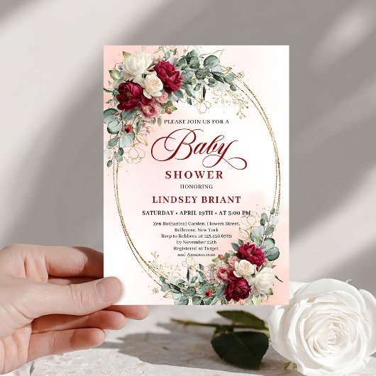 Invitation Chic Boho Burgundy and Gold Baby Shower Invite