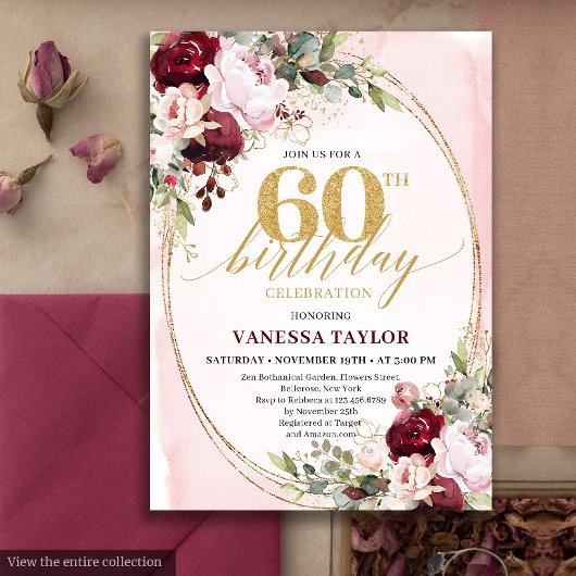 Invitation Chic Boho Burgundy Blush Floral 60th Birthday