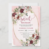Invitation Chic Boho Burgundy Blush Floral Gold Sweet Sixteen (Devant)