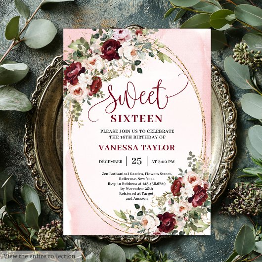 Invitation Chic Boho Burgundy Blush Floral Gold Sweet Sixteen
