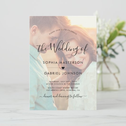 Invitation Chic Boho Calligraphie Script Photo Overlay Mariag (Debout devant)