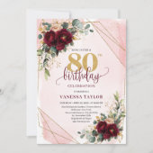 Invitation Chic Boho Deep Red Gold Flowers 80e anniversaire (Devant)