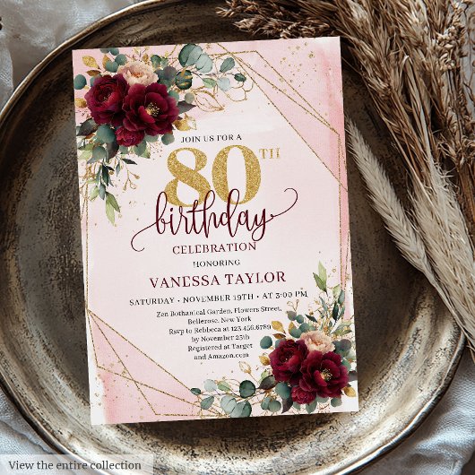 Invitation Chic Boho Deep Red Gold Flowers 80e anniversaire