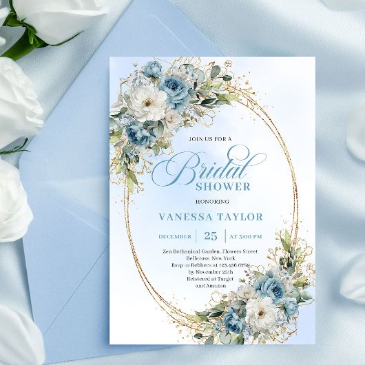 Invitation Chic Boho Dusty Blue Greenery Floral Bridal Shower
