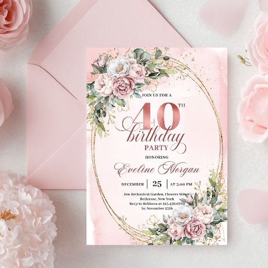 Invitation Chic Boho Dusty Pink Floral 40th Birthday Invite