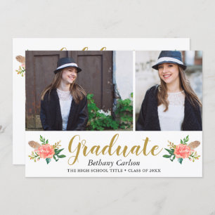 Invitation Chic Boho Feathers Floral 2 Photo Graduation Party