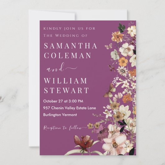Invitation Chic Boho Fleur sauvage Rustic Berry Purple Mariag (Devant)