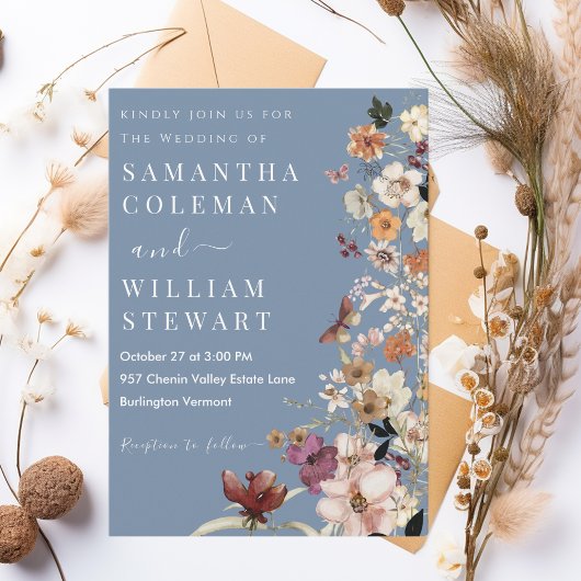 Invitation Chic Boho Fleur sauvage Rustic Periwinkle Mariage