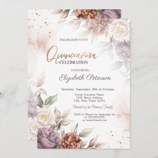 Invitation Chic Boho Fleurs Roses Quinceañera (Devant / Derrière)