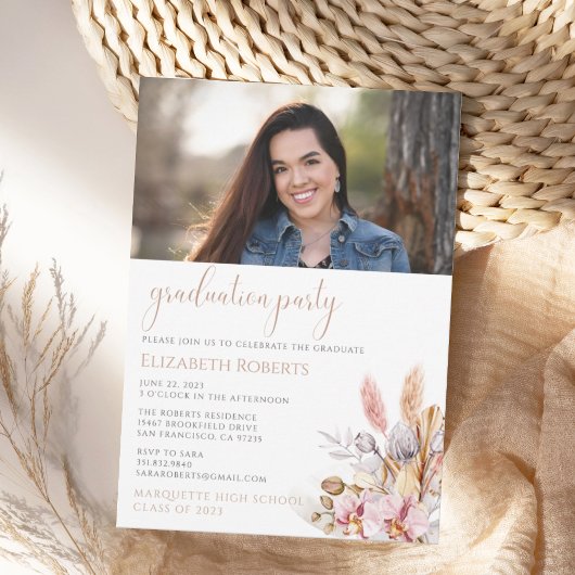 Invitation Chic Boho Floral Pampas Grass Graduation