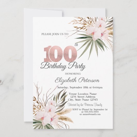 Invitation Chic Boho Flowers 100th Birthday (Devant)