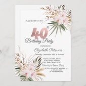 Invitation Chic Boho Flowers 40th Birthday (Devant / Derrière)