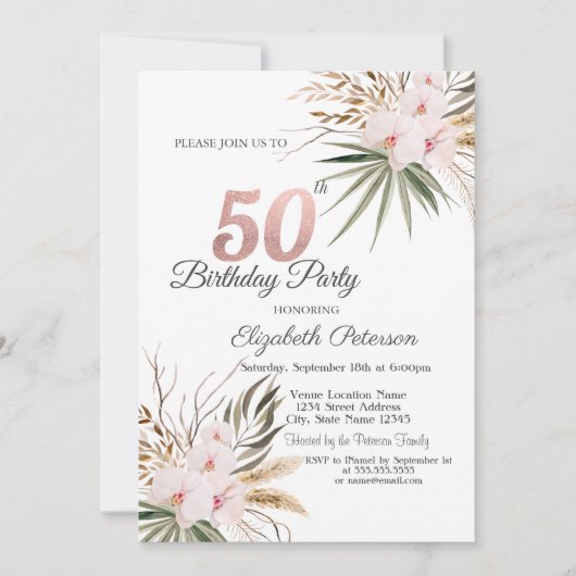 Invitation Chic Boho Flowers 50th Birthday (Devant)