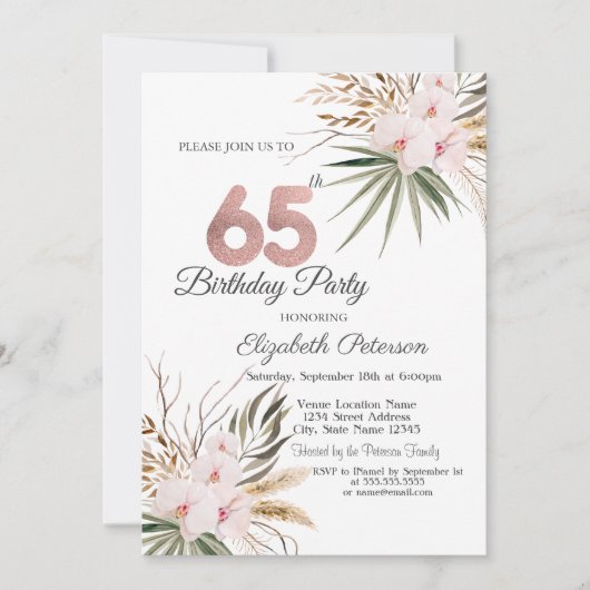 Invitation Chic Boho Flowers 65th Birthday (Devant)