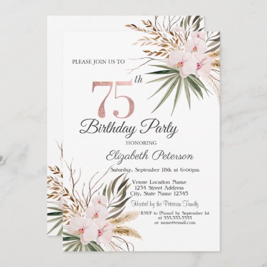 Invitation Chic Boho Flowers 75e anniversaire (Devant / Derrière)
