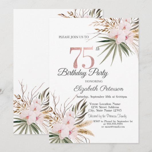 Invitation Chic Boho Flowers 75th Birthday (Devant / Derrière)
