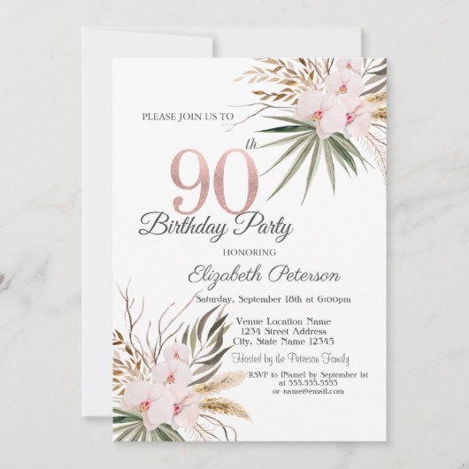 Invitation Chic Boho Flowers 90th Birthday (Devant)