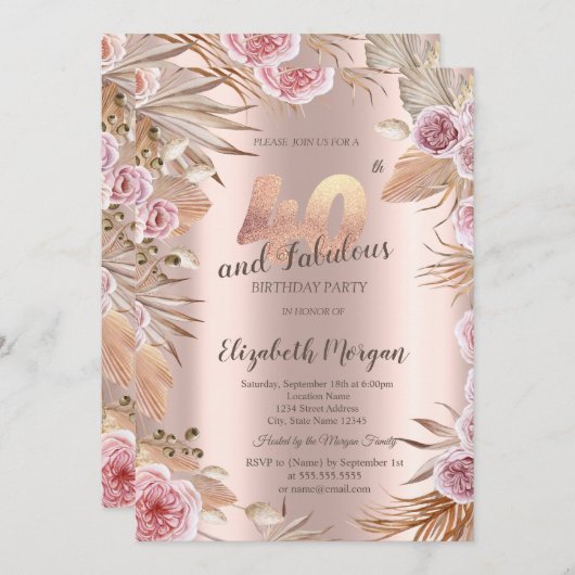 Invitation Chic Boho Flowers Rose Gold 40e anniversaire (Devant / Derrière)