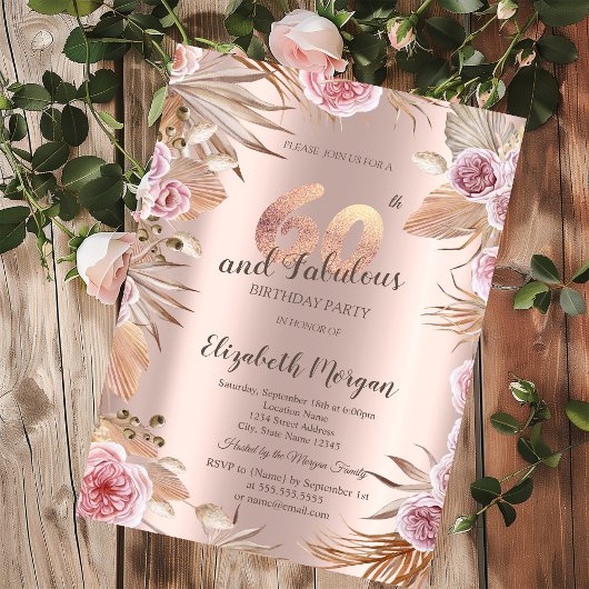 Invitation Chic Boho Flowers Rose Gold 60e anniversaire