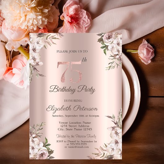 Invitation Chic Boho Flowers Rose Gold 75e anniversaire
