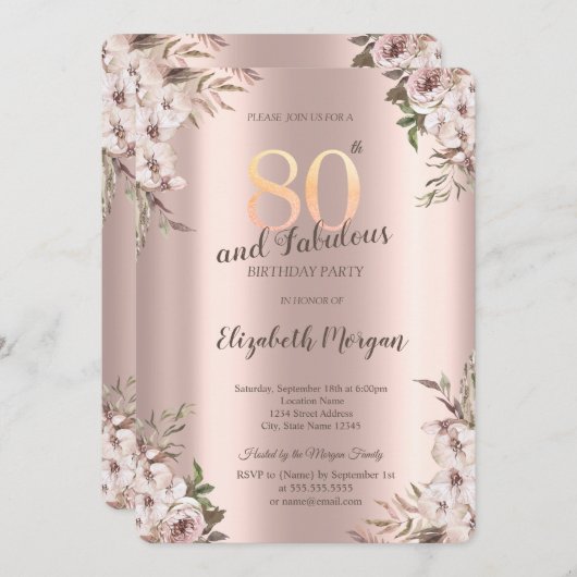 Invitation Chic Boho Flowers Rose Gold 80e anniversaire (Devant / Derrière)