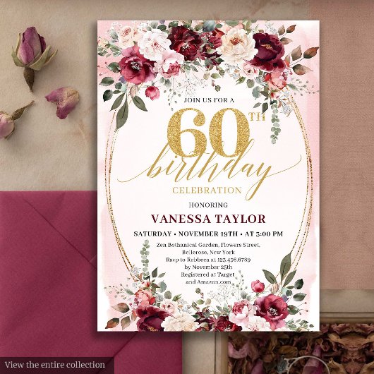Invitation Chic Boho Maroon Gold Floral 60th Birthday Invite