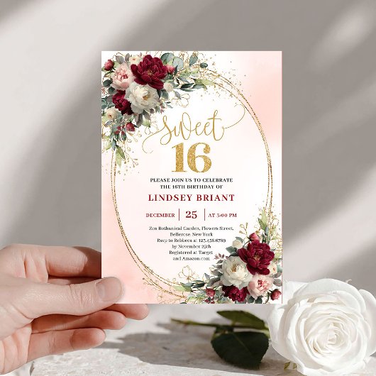 Invitation Chic Boho Marsala Gold Floral 16th Birthday Invite