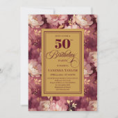 Invitation Chic Boho Marsala Gold Flowers 50e anniversaire (Devant)