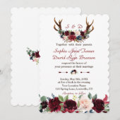 Invitation Chic Boho Merlot Marine Blue Floral Antlers Mariag (Devant / Derrière)