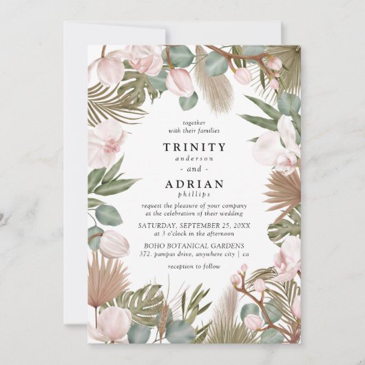 Invitation Chic Boho Orchidées rose et Feuille séché Mariage (Devant)