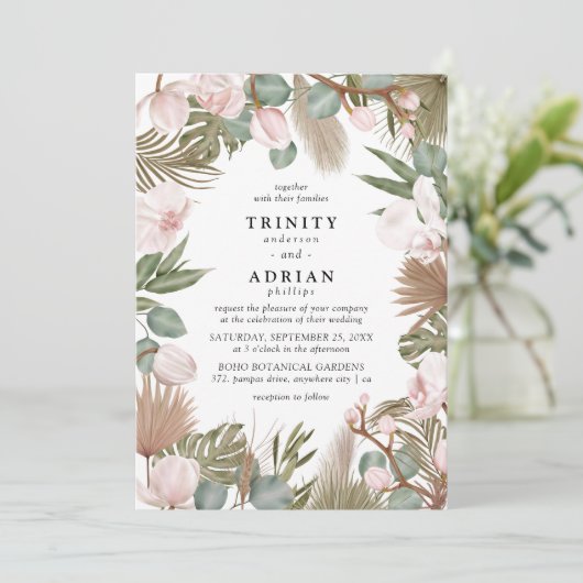 Invitation Chic Boho Orchidées rose et Feuille séché Mariage (Debout devant)