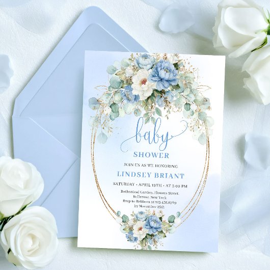 Invitation Chic Boho Pastel Blue Flowers Baby Shower Invites