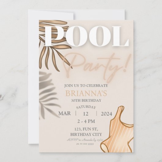Invitation Chic Boho Pool Party Femmes Tropical Anniversaire (Devant)