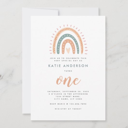 Invitation Chic Boho Rainbow Pastel Premier Anniversaire (Devant)