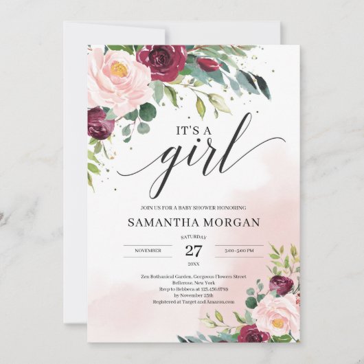 Invitation Chic Boho rose rousse bordeaux floral c'est une fi (Devant)