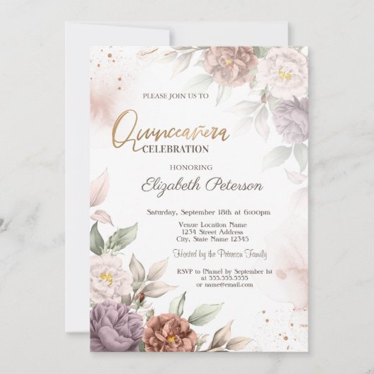 Invitation Chic Boho Roses Fleurs Quinceañera (Devant)
